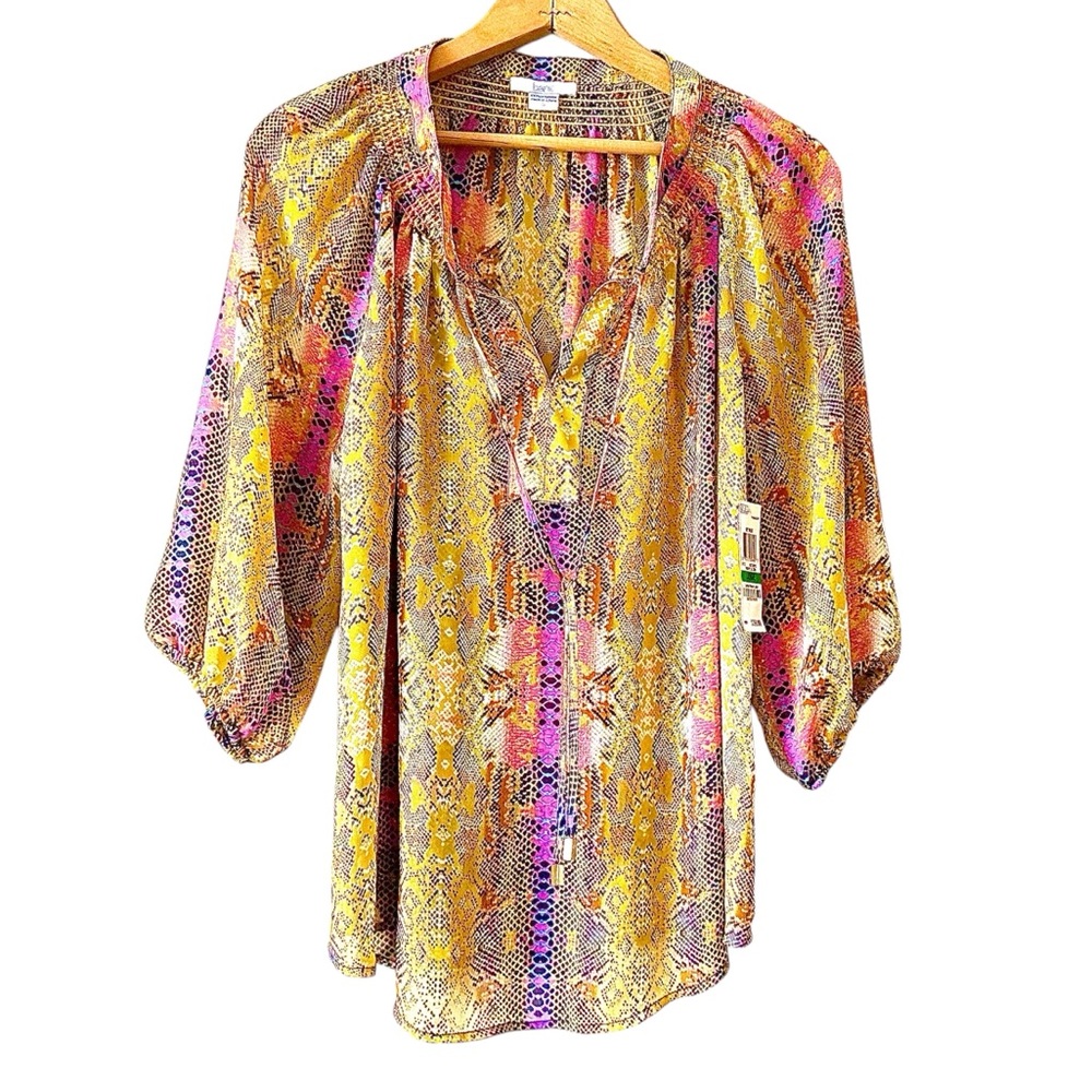 Women’s Sheer Colorful Blouse 3/4 Bishop Sleeve Size Large NEW